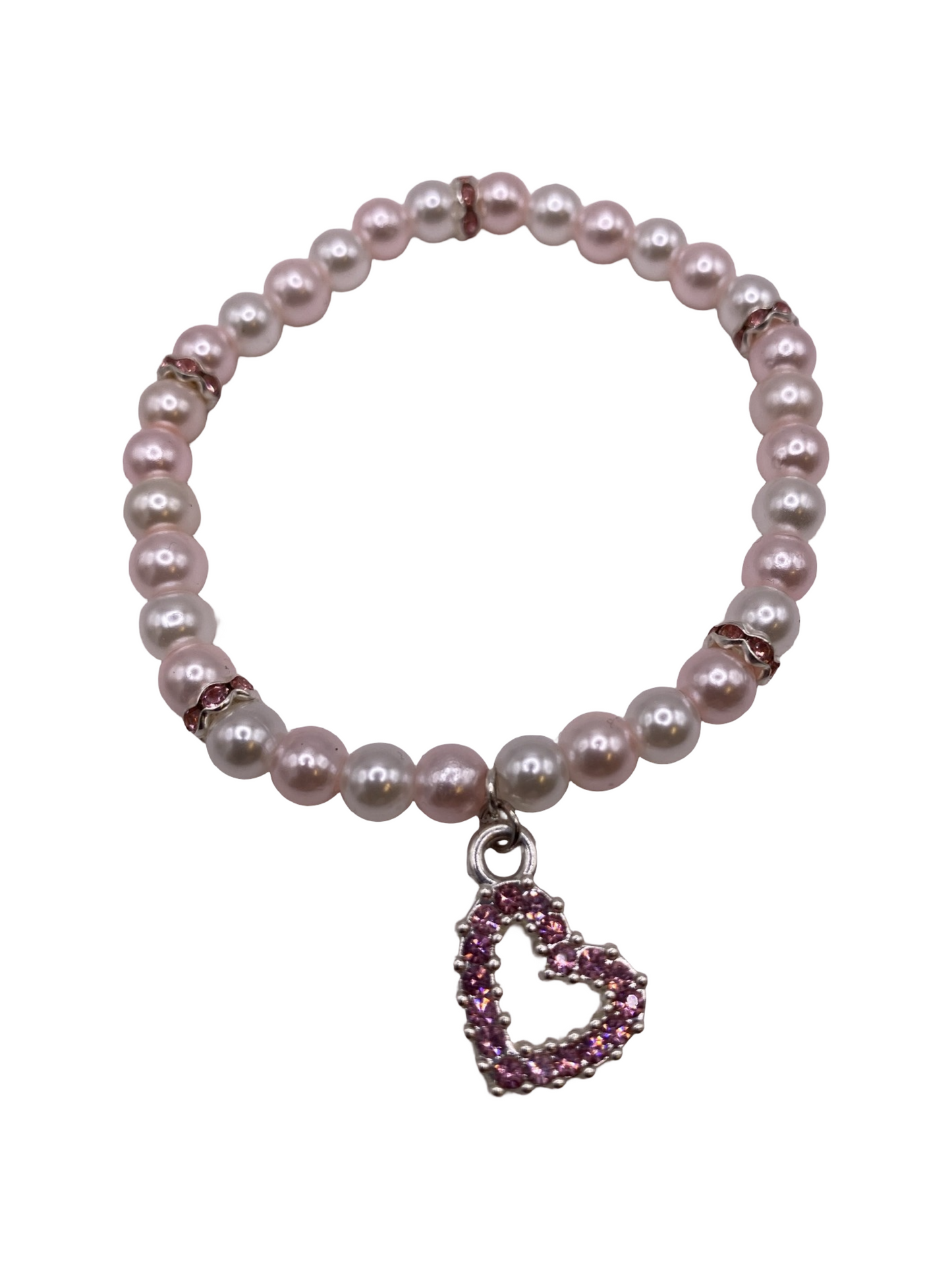 Pärlarmband med vaxade glaspärlor i vitt och rosa med rosa strass hjärtberlock