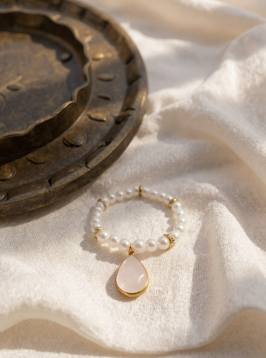 Vitt pärlarmband med guldstrass detaljer och en droppformad facetterad berlock.