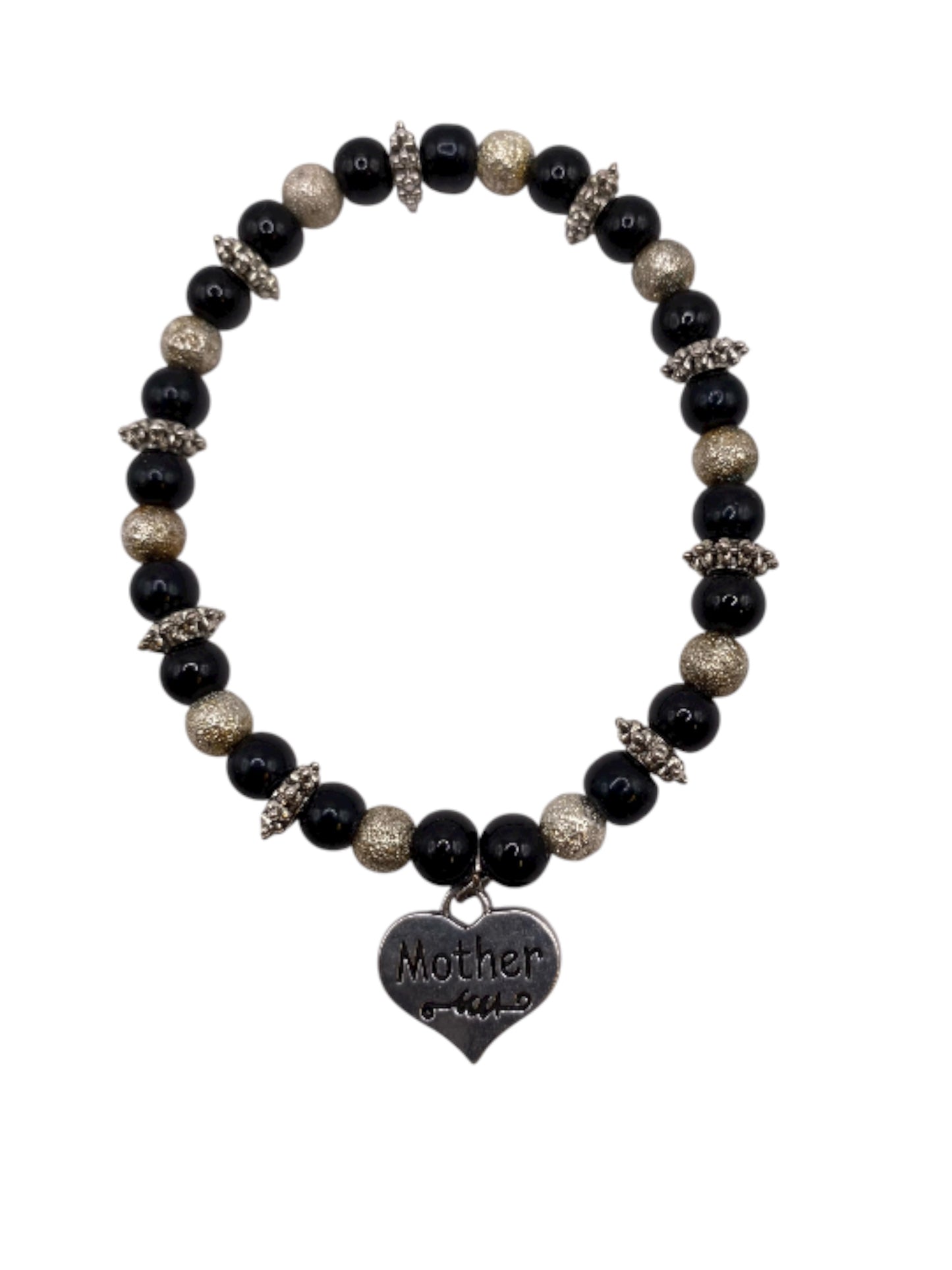 Pärlarmband med silvriga och svarta pärlor.