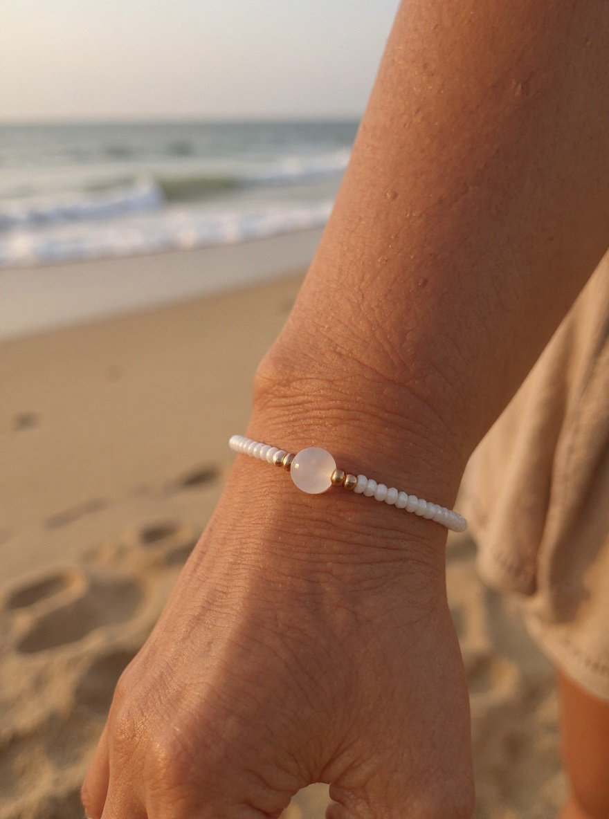 Vitt makraméarmband med en opalsten och guldpärlor