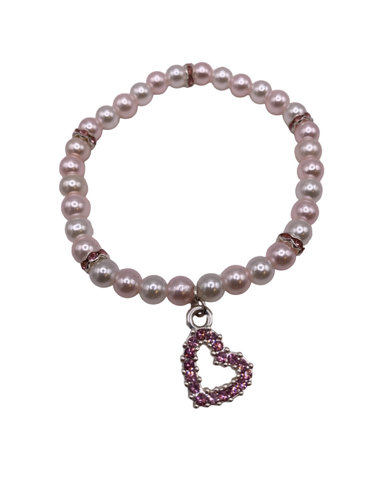 Pärlarmband med vaxade glaspärlor i vitt och rosa med rosa strass hjärtberlock